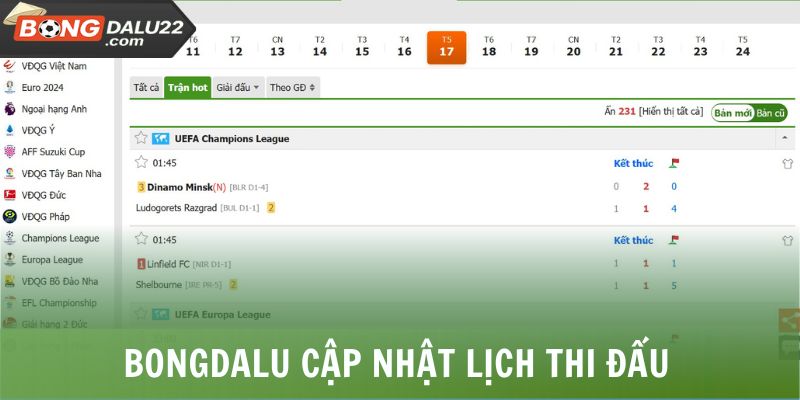 BONGDALU cập nhật lịch thi đấu